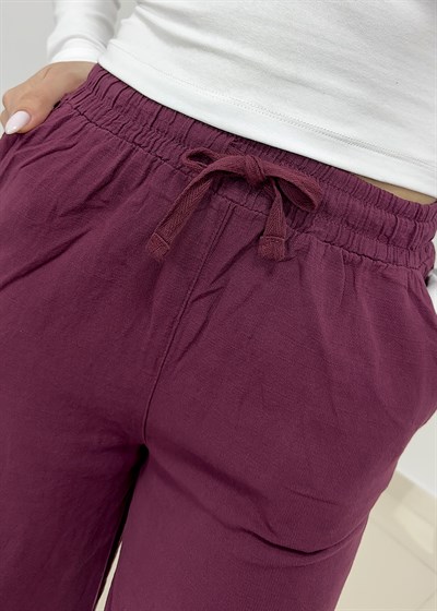 Beli Bağcıklı Bol Paça Keten Pantolon - Bordo