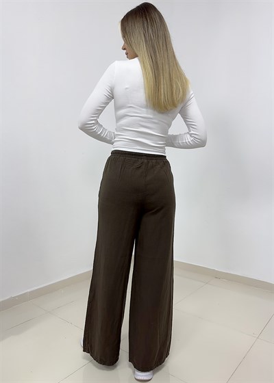 Beli Bağcıklı Bol Paça Keten Pantolon - Acı Kahve