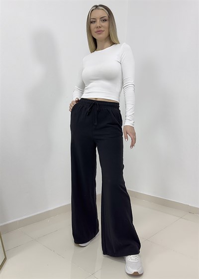 Beli Bağcıklı Bol Paça Keten Pantolon - Siyah