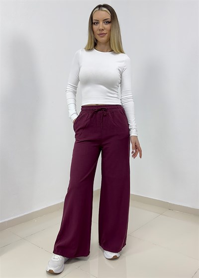 Beli Bağcıklı Bol Paça Keten Pantolon - Bordo