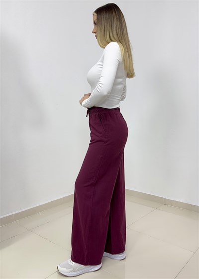 Beli Bağcıklı Bol Paça Keten Pantolon - Bordo