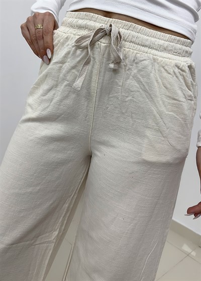 Beli Bağcıklı Bol Paça Keten Pantolon - Taş