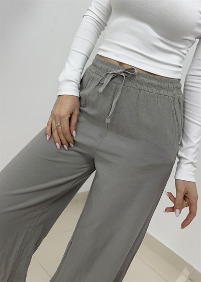 Beli Bağcıklı Bol Paça Keten Pantolon - Yeşil