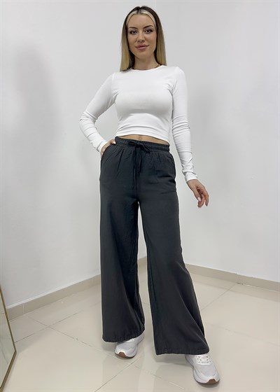 Beli Bağcıklı Bol Paça Keten Pantolon - Antrasit