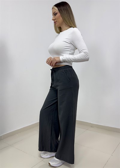 Beli Bağcıklı Bol Paça Keten Pantolon - Antrasit