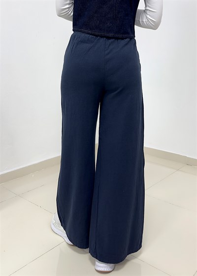 Beli Bağcıklı Bol Paça Keten Pantolon - Lacivert