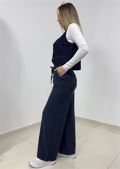 Beli Bağcıklı Bol Paça Keten Pantolon - Lacivert