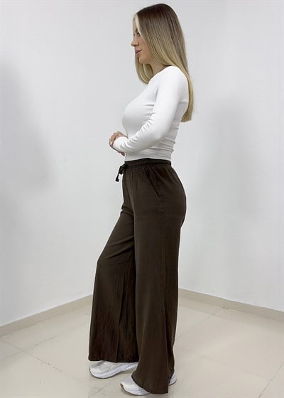 Beli Bağcıklı Bol Paça Keten Pantolon - Acı Kahve