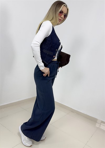 Beli Bağcıklı Bol Paça Keten Pantolon - Lacivert