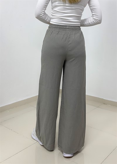 Beli Bağcıklı Bol Paça Keten Pantolon - Yeşil