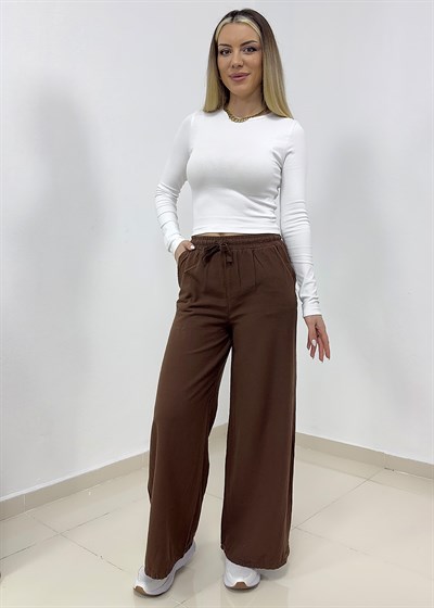 Beli Bağcıklı Bol Paça Keten Pantolon - Kahverengi