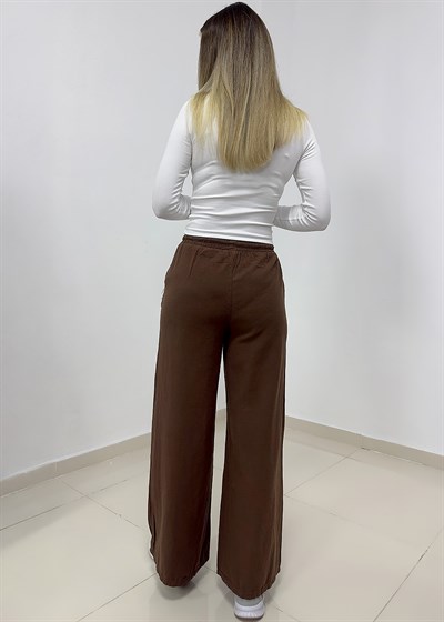 Beli Bağcıklı Bol Paça Keten Pantolon - Kahverengi