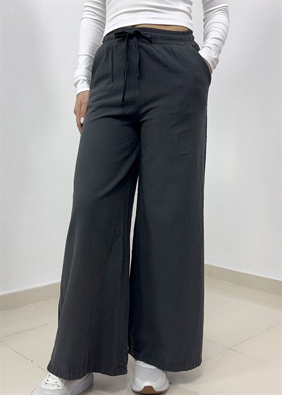 Beli Bağcıklı Bol Paça Keten Pantolon - Antrasit