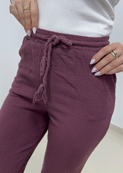 Beli Bağcıklı Müslin Pantolon - Bordo