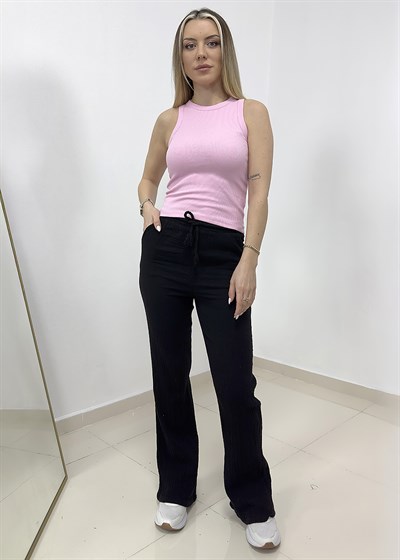 Beli Bağcıklı Müslin Pantolon - Siyah