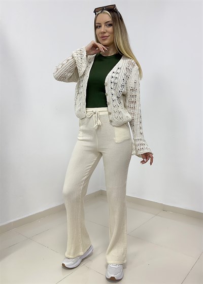 Beli Bağcıklı Müslin Pantolon - Taş