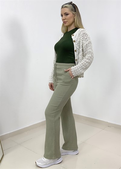 Beli Bağcıklı Müslin Pantolon - Yeşil