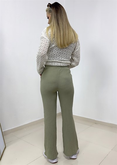 Beli Bağcıklı Müslin Pantolon - Yeşil