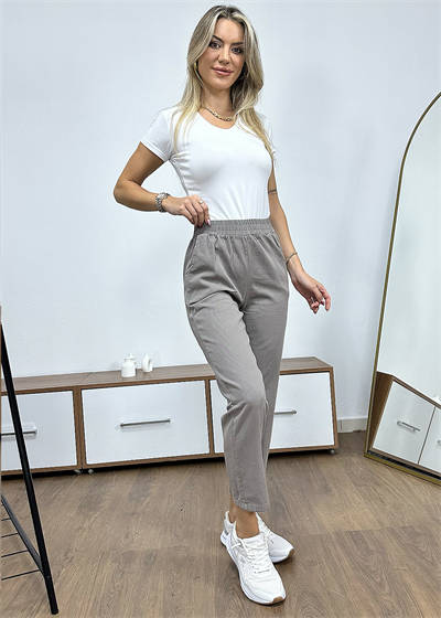 Beli Lastikli Gabardin Pantolon - Gri