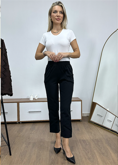 Beli Lastikli Gabardin Pantolon - Siyah