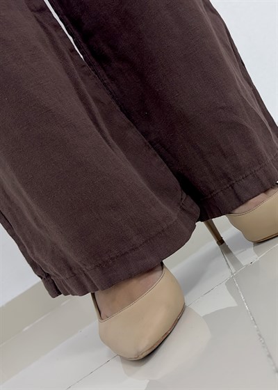 Beli Lastikli İpli Bol Paça Keten Pantolon - Kahverengi