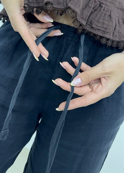 Beli Lastikli İpli Bol Paça Keten Pantolon - Lacivert