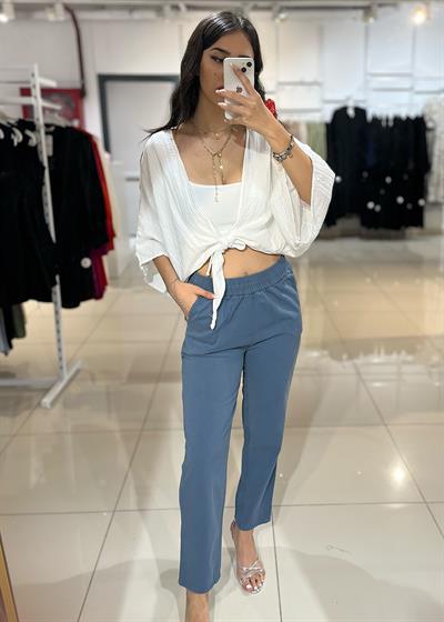 Beli Lastikli Gabardin Pantolon - Mavi