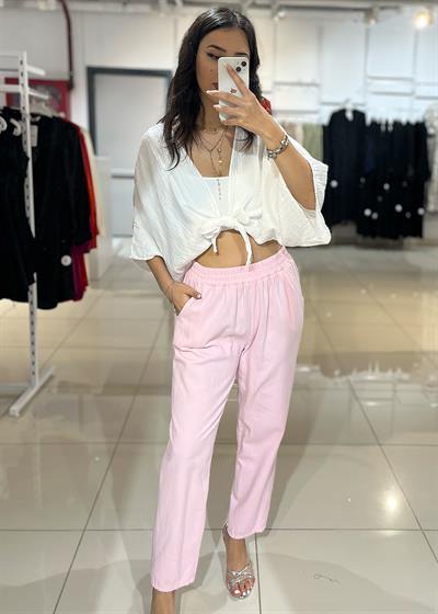 Beli Lastikli Gabardin Pantolon - Pembe