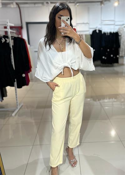 Beli Lastikli Gabardin Pantolon - Sarı