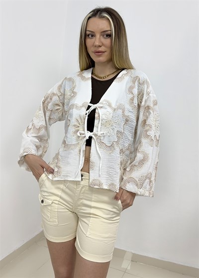 Çiçek Desen Nakışlı Pul İşlemeli Kimono - Kahverengi