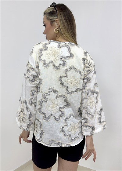 Çiçek Desen Nakışlı Pul İşlemeli Kimono - Siyah