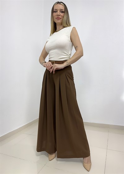 Çift Pileli Çift Kemerli Yarım Lastik Pantolon - Taba