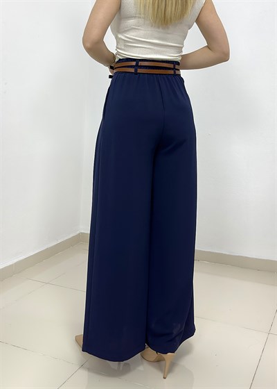 Çift Pileli Çift Kemerli Yarım Lastik Pantolon - Lacivert