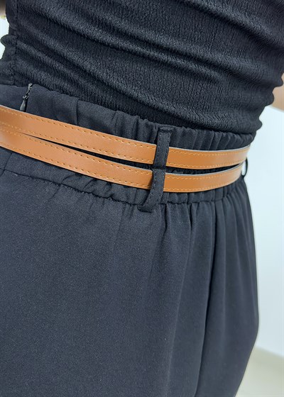 Çift Pileli Çift Kemerli Yarım Lastik Pantolon - Siyah