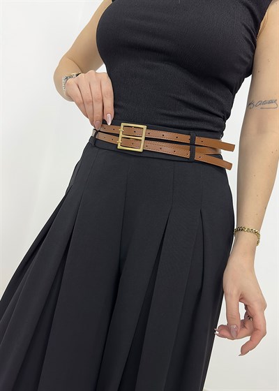 Çift Pileli Çift Kemerli Yarım Lastik Pantolon - Siyah