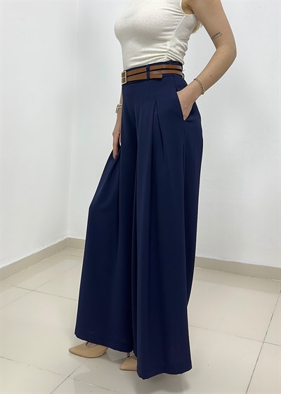 Çift Pileli Çift Kemerli Yarım Lastik Pantolon - Lacivert