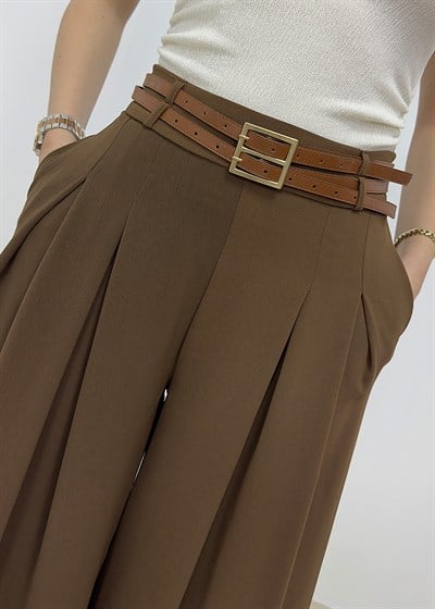 Çift Pileli Çift Kemerli Yarım Lastik Pantolon - Taba