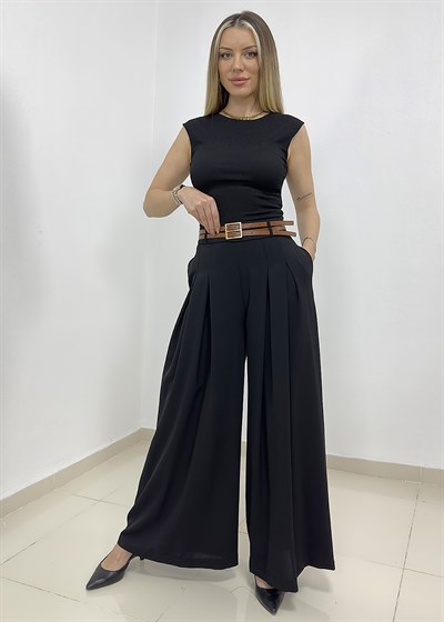 Çift Pileli Çift Kemerli Yarım Lastik Pantolon - Siyah