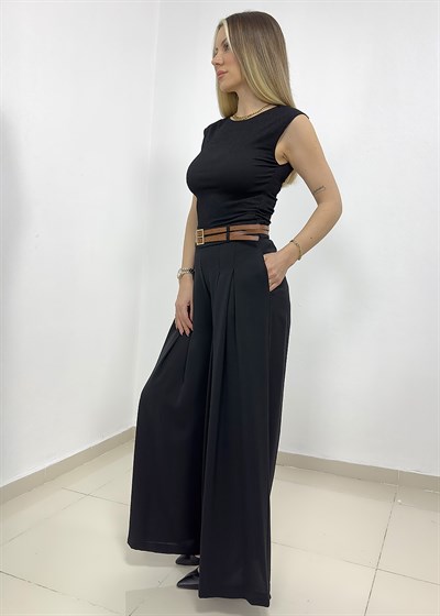 Çift Pileli Çift Kemerli Yarım Lastik Pantolon - Siyah