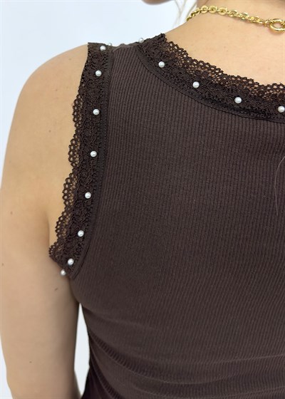 Dantel ve İnci Detaylı Ribana Basic Atlet - Kahverengi