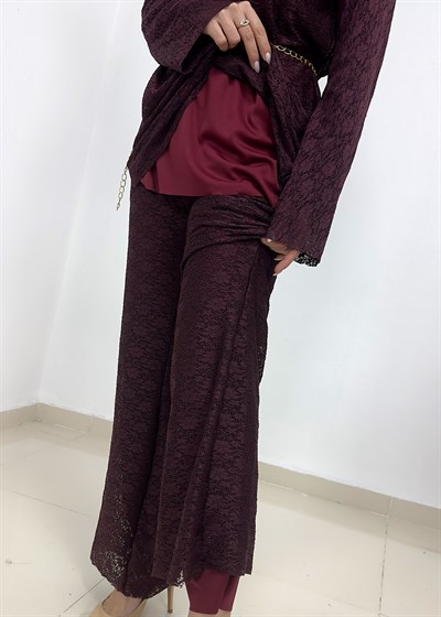 Dantelli Astarlı Pantolon Takım - Bordo
