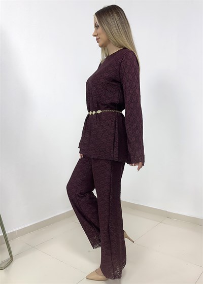 Dantelli Astarlı Pantolon Takım - Bordo