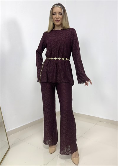 Dantelli Astarlı Pantolon Takım - Bordo