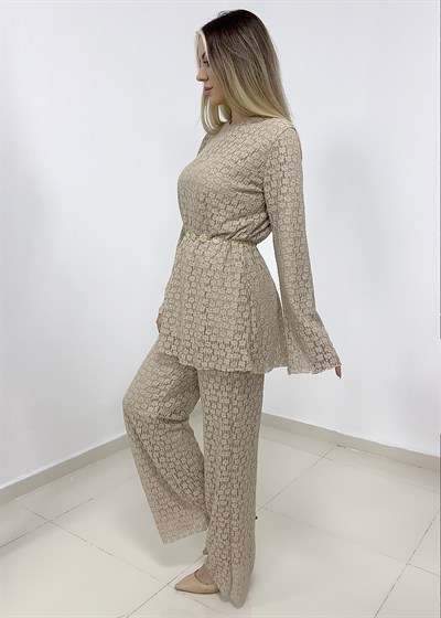 Dantelli Astarlı Pantolon Takım - Krem