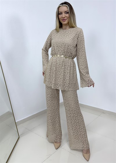 Dantelli Astarlı Pantolon Takım - Krem