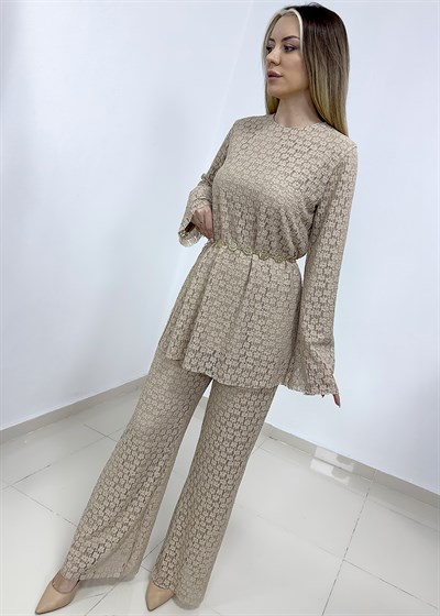 Dantelli Astarlı Pantolon Takım - Krem