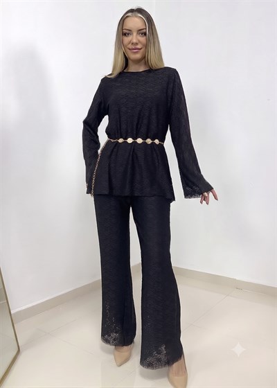 Dantelli Astarlı Pantolon Takım - Siyah