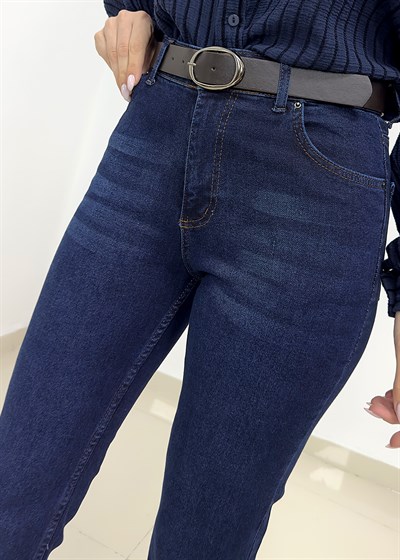 Deri Kemerli  Bilek Boy Palazzo Jean Pantolon - Lacivert
