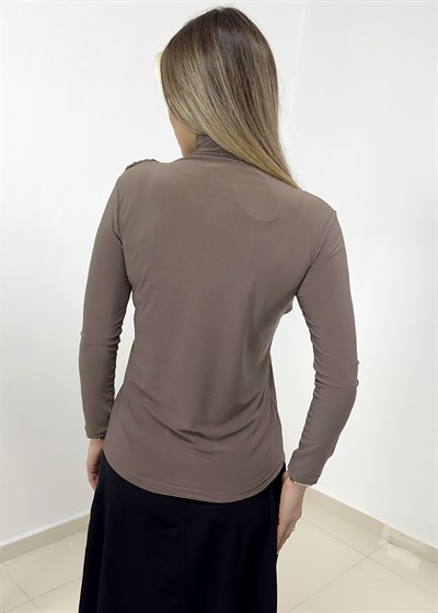 Drapeli Gold Detaylı Bluz - Vizon