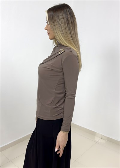 Drapeli Gold Detaylı Bluz - Vizon